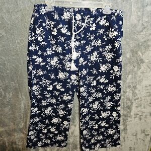 Lauren Ralph Lauren Women's Med Blue  Floral Cropped Pants linen blend wide leg